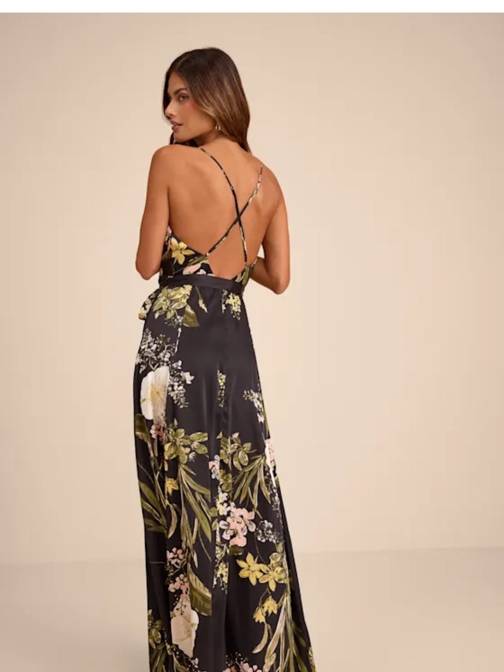 Still the One Black Floral Print Satin l Wrap Maxi Dress - Picture 4 of 4
